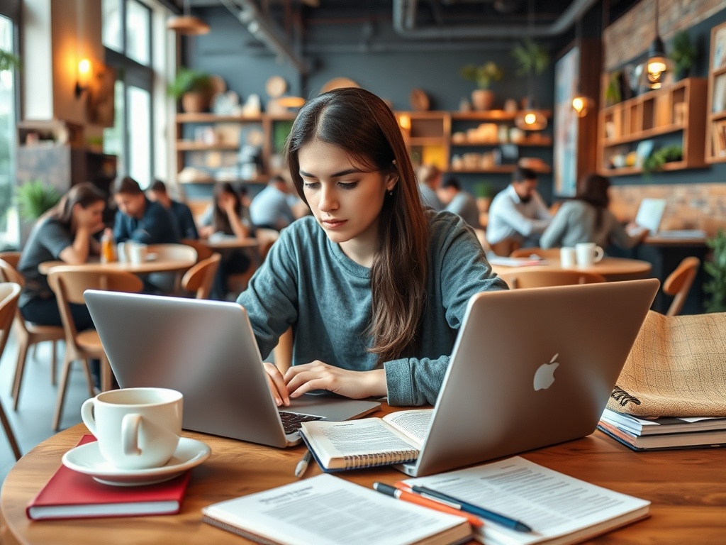 Девушка работает за компьютером в кафе, рядом книги и чашка кофе. Вокруг посетители заведения.