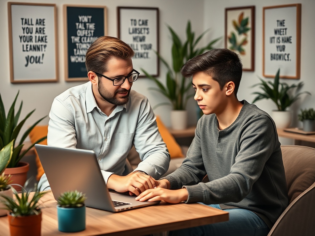 На изображении мужчина и мальчик работают за ноутбуком в уютной обстановке, окружённые растениями.