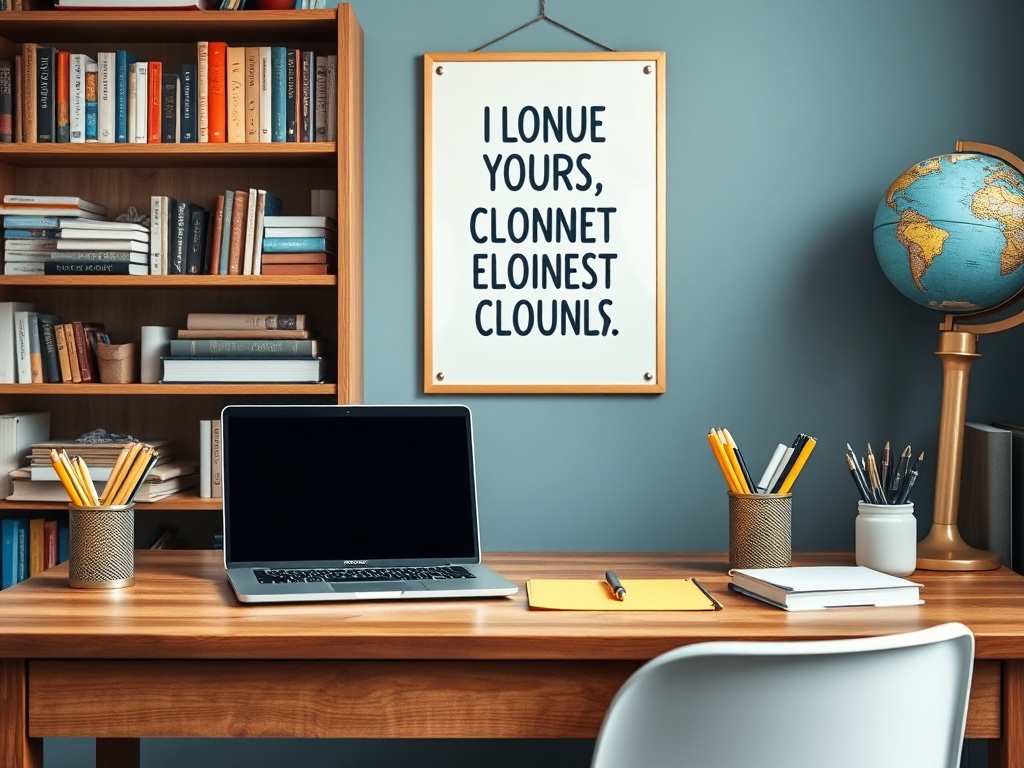 На столе лежит ноутбук, канцелярские принадлежности и книга, на стене висит плакат с необычным текстом.