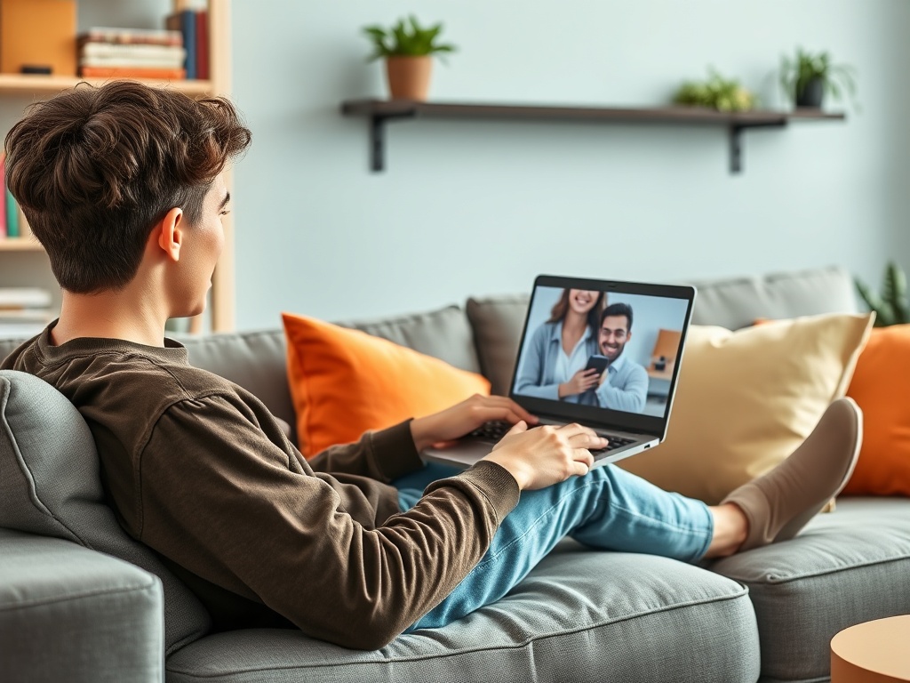 Молодой человек сидит на диване, общаясь по видеосвязи с двумя людьми на компьютере.