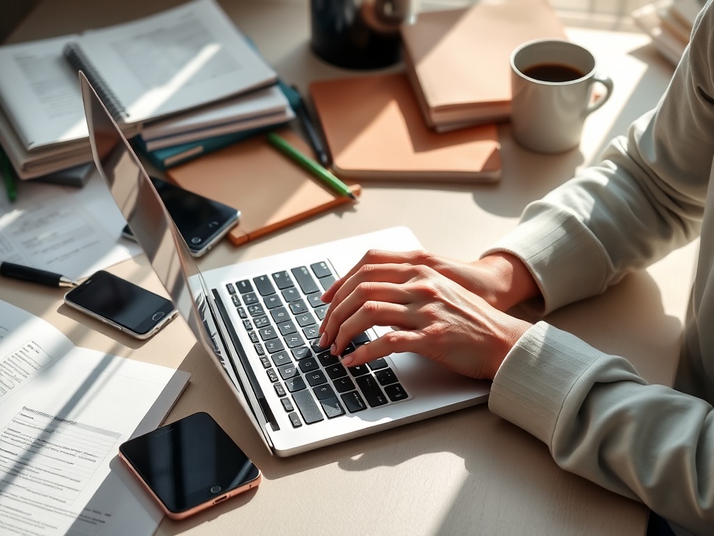 Человек печатает на ноутбуке, вокруг него документы, книги и чашка кофе на столе.