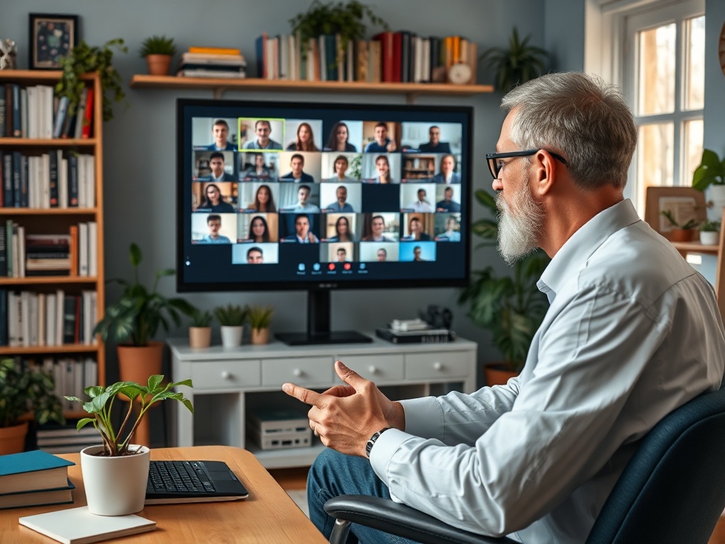 Мужчина с белой бородой участвует в видеозвонке, на экране множество участников и домашняя обстановка.