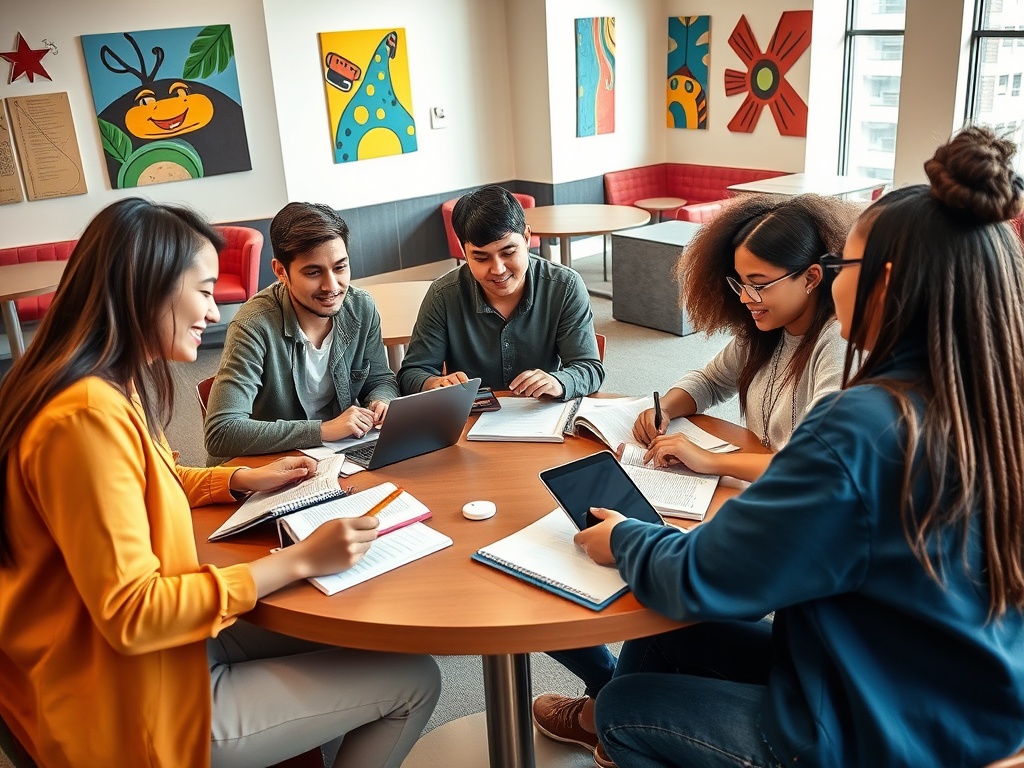 Шестеро молодых людей за круглым столом, обсуждая идеи и работая с ноутбуками и заметками.