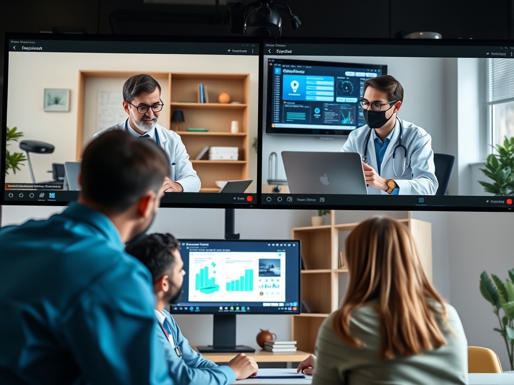 На экране два врача, обсуждающие данные, в помещении с ноутбуком и графиками на столе.