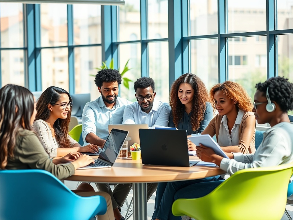 Группа людей улыбается и обсуждает что-то на встрече в светлом офисе с большими окнами.