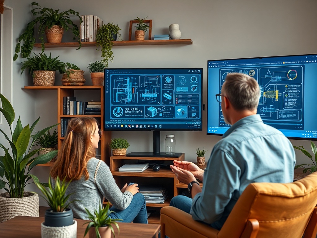 Два человека обсуждают графики на экранах, в уютной комнате с растениями и полками.