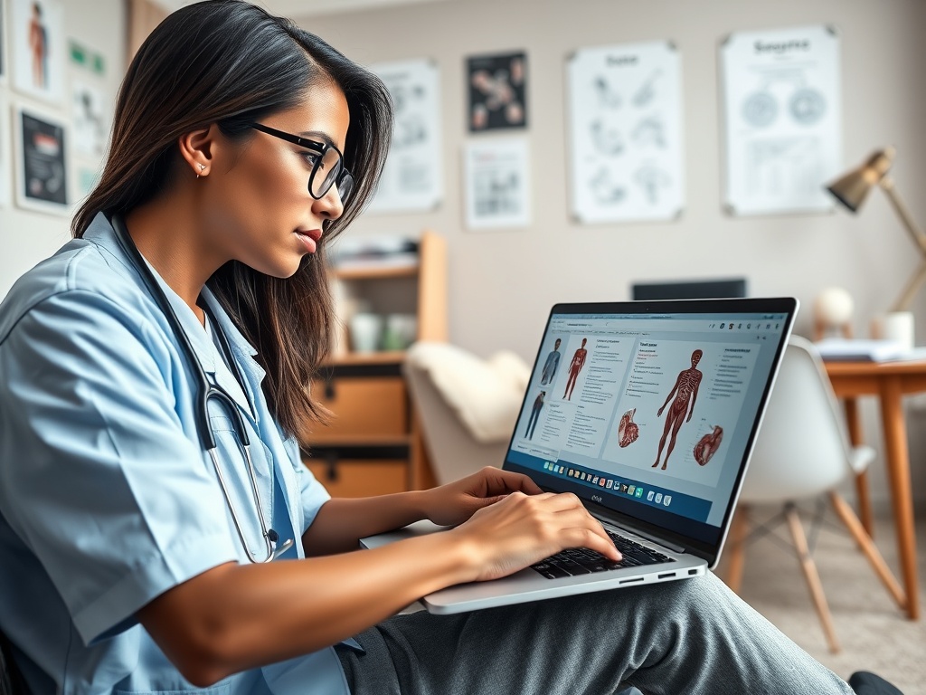 Молодая женщина в медицинской униформе работает за ноутбуком, изучая анатомию человека.