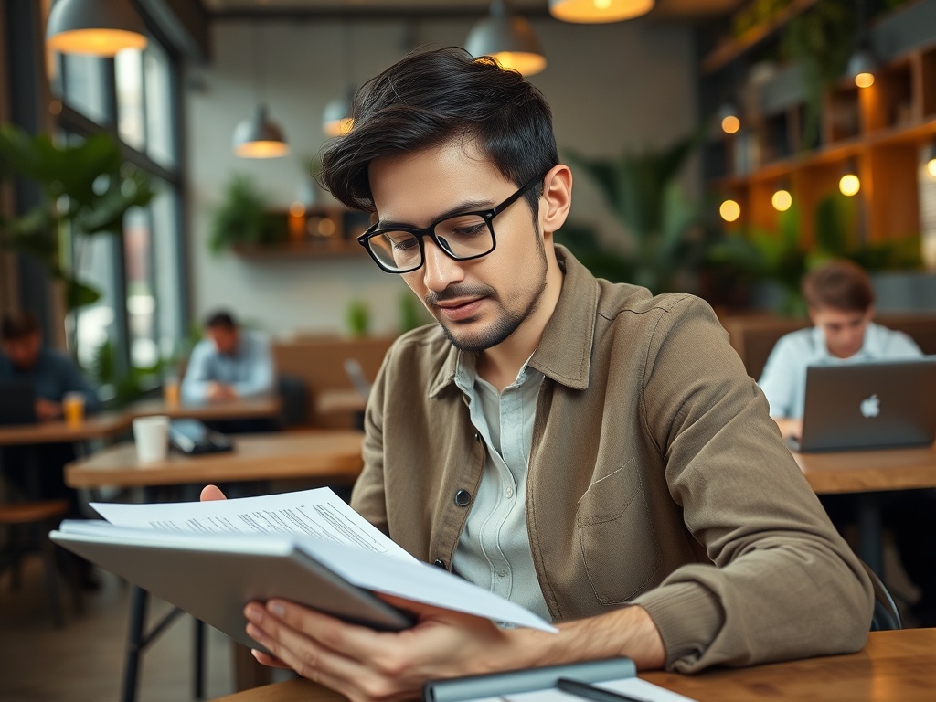 Молодой человек в очках читает документы в уютном кафе, рядом другие посетители с ноутбуками.