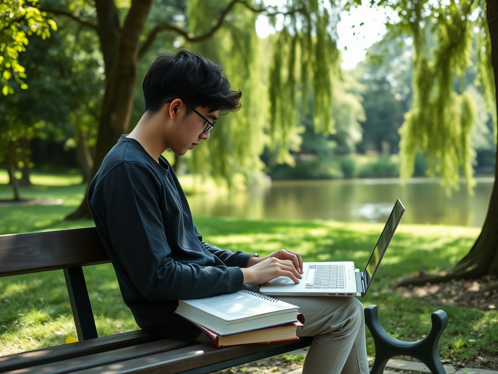 Молодой человек сидит на скамейке в парке, работает на ноутбуке с книгами рядом.