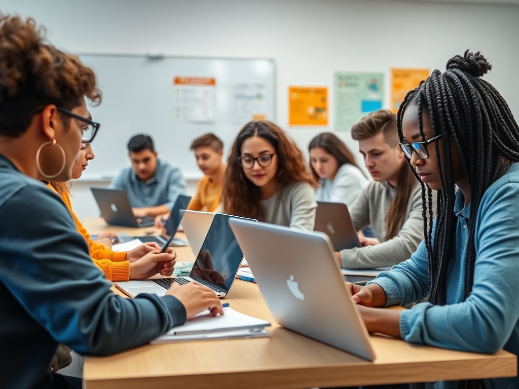 Группа студентов за столом с ноутбуками, активно работающих над проектами в классе.