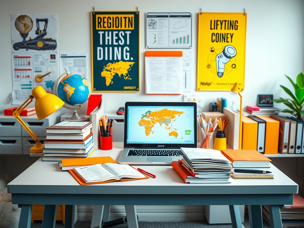 Современный офис с картой мира на ноутбуке, книгами и яркими постерами на стене.