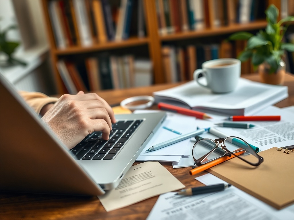 Стол, заваленный бумагами, ручками и ноутбуком, рядом чашка кофе и комнатное растение.