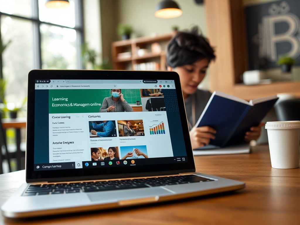 На изображении ноутбук на столе, на котором открыта страница онлайн-обучения по экономике, и девушка с книгой.
